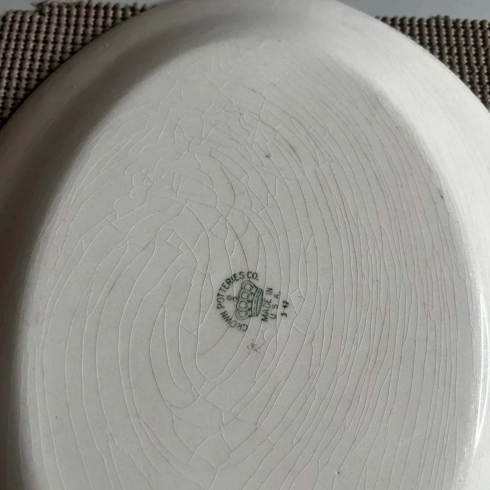Vintage Crown Potteries Co Floral Oval Serving Platter Gold Trim Made in USA 13